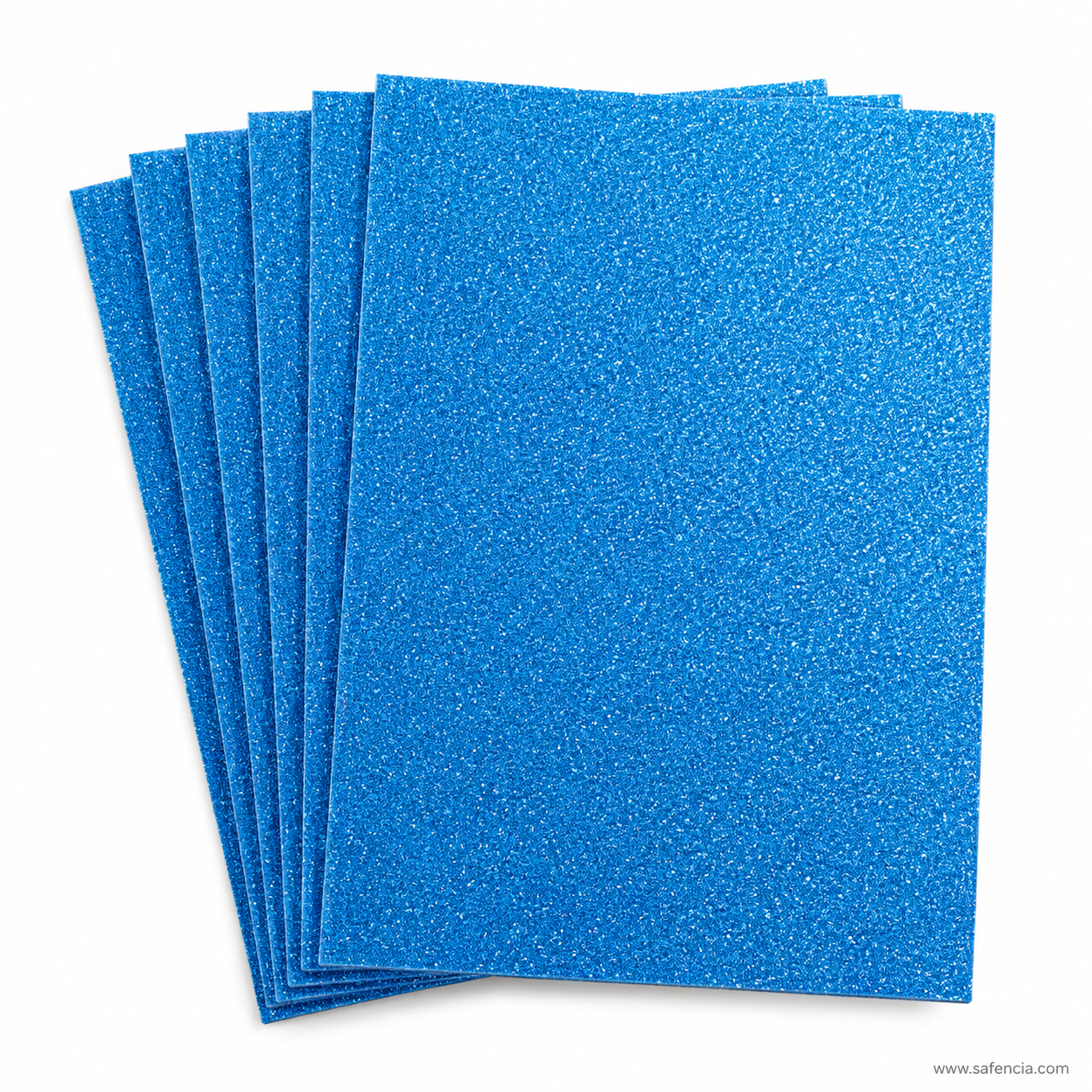 Blue glitter EVA foam sheets fanned out, one of the ten colours in the A4 pack