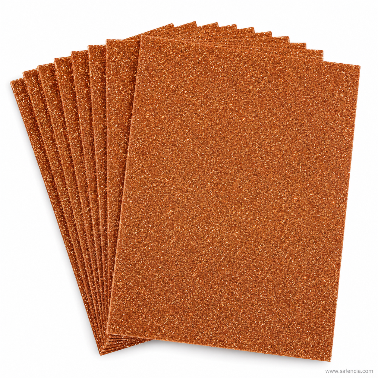 Copper brown glitter EVA foam sheets fanned out from the A4 pack of ten