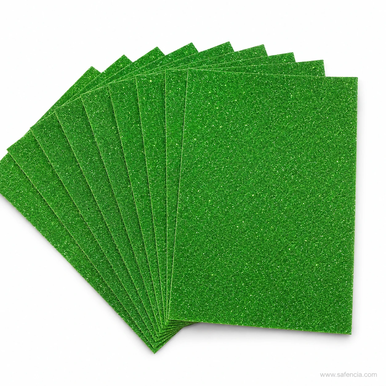 Green glitter EVA foam sheets fanned out, one of the ten colours in the A4 pack