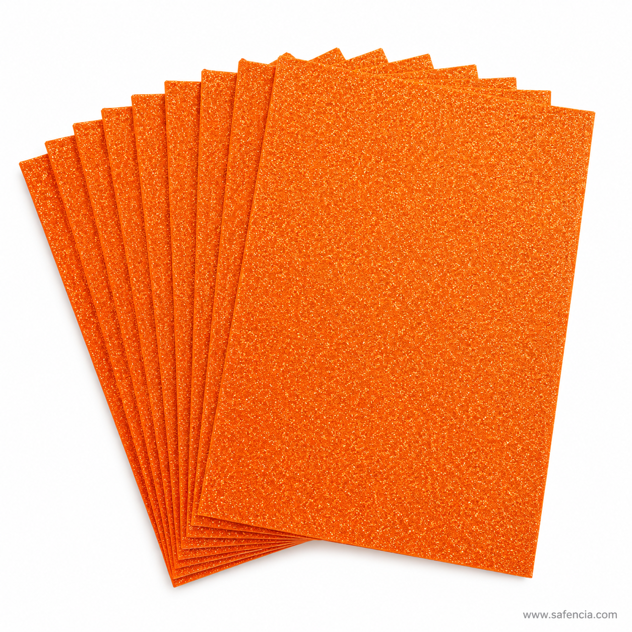 Orange glitter EVA foam sheets fanned out from the A4 pack of ten