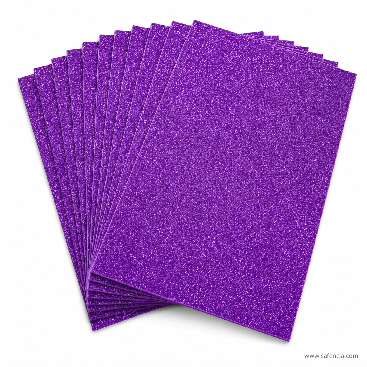 Purple glitter EVA foam sheets fanned out, one of the ten colours in the A4 pack