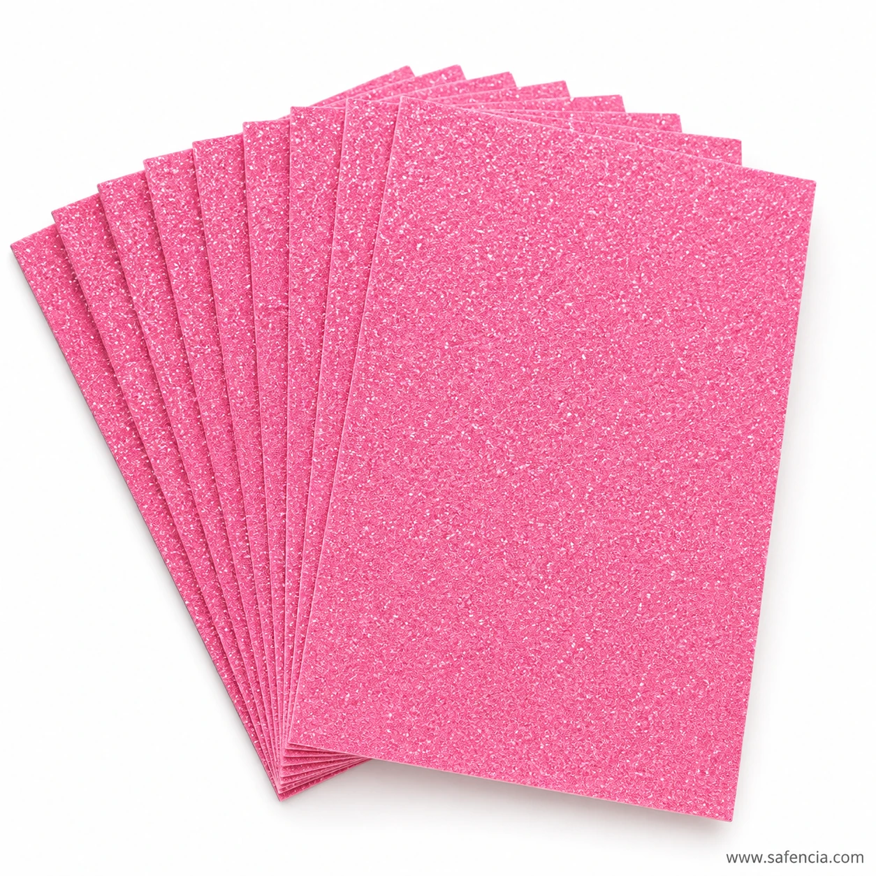 Pink glitter EVA foam sheets fanned out from the A4 pack of ten