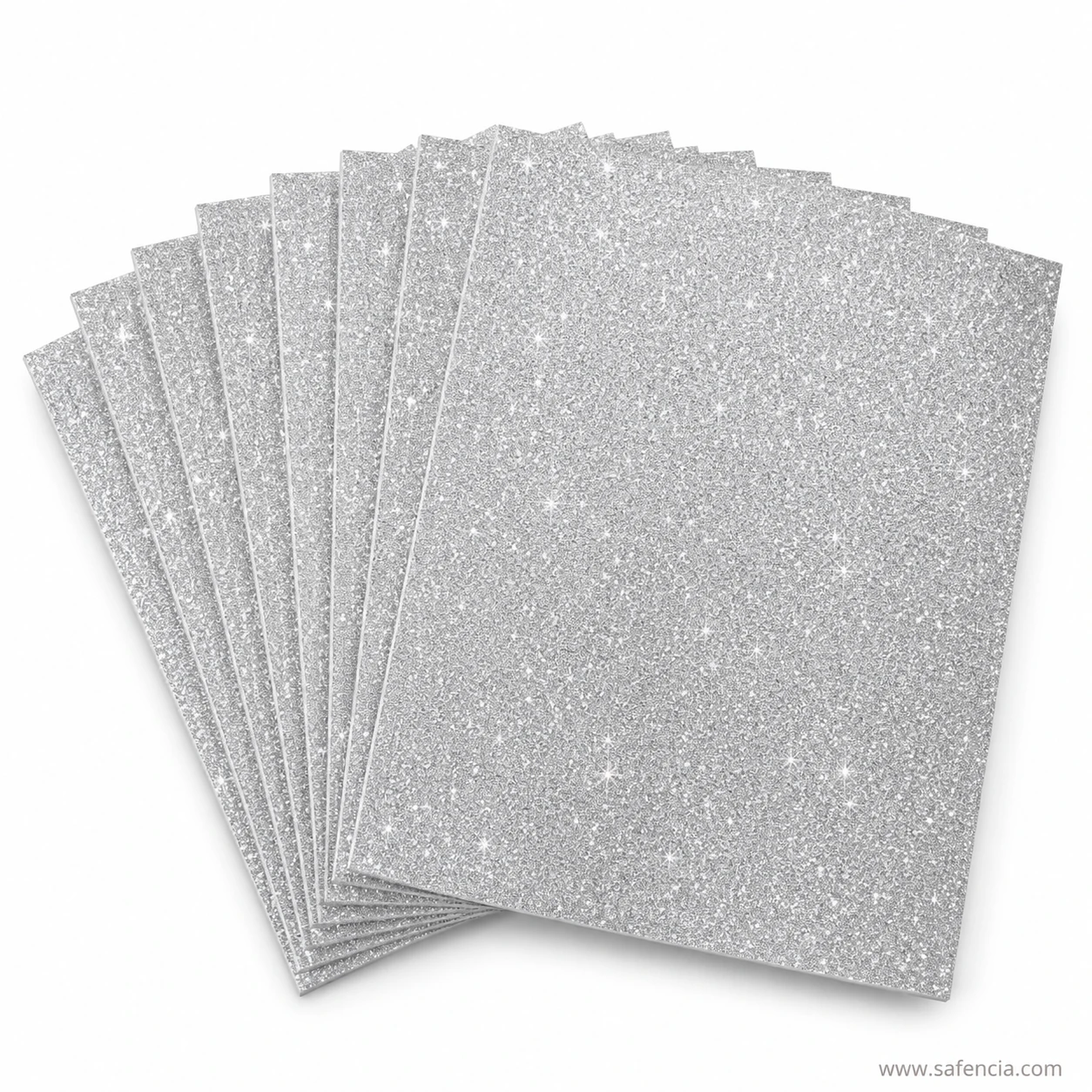 Silver glitter EVA foam sheets fanned out, one of the ten colours in the A4 pack