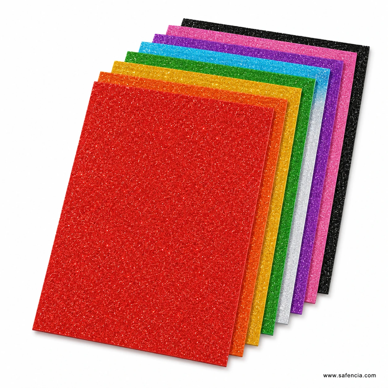 Stacked layout of 10 solid color glitter EVA foam sheets showing radiant hues