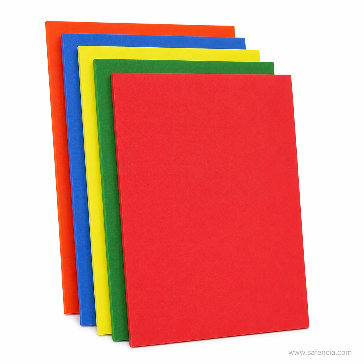 Standing display of solid color plain EVA foam sheets showing vibrant hues