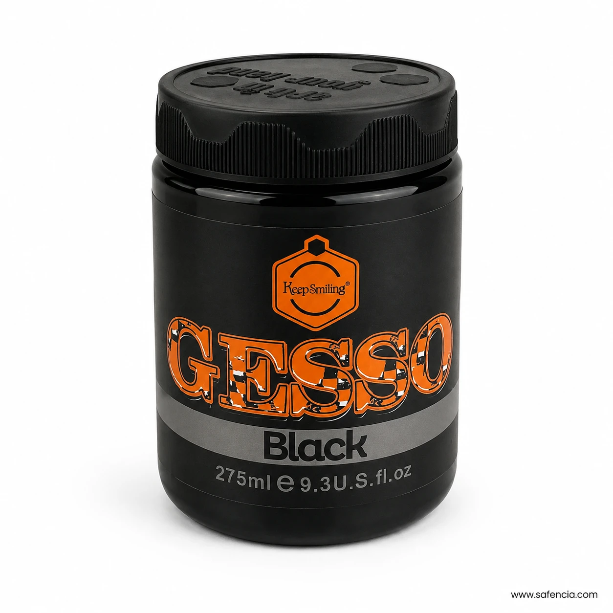 Angled perspective of Keep Smiling 275ml black gesso primer jar