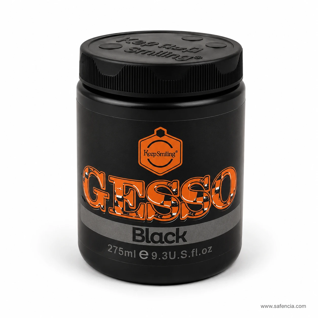 Side profile view of Keep Smiling black gesso primer 275ml jar