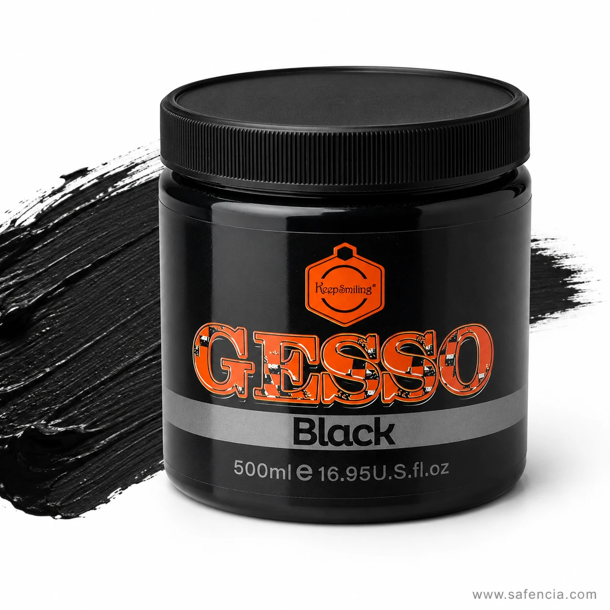 Brush stroke swatch demonstrating opaque matte black coverage of Keep Smiling gesso