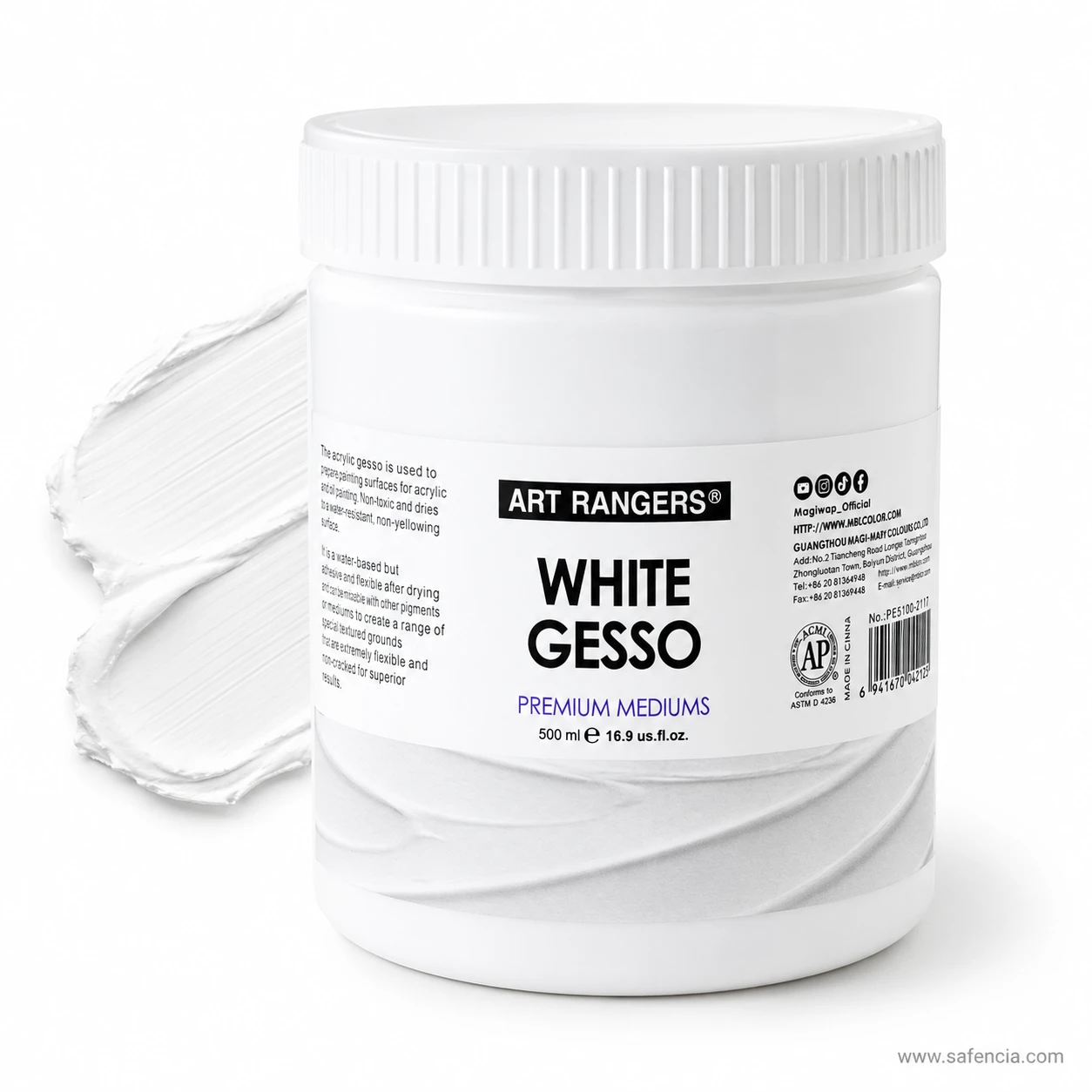 Label view of Art Rangers white gesso showing ACMI AP non toxic seal and barcode