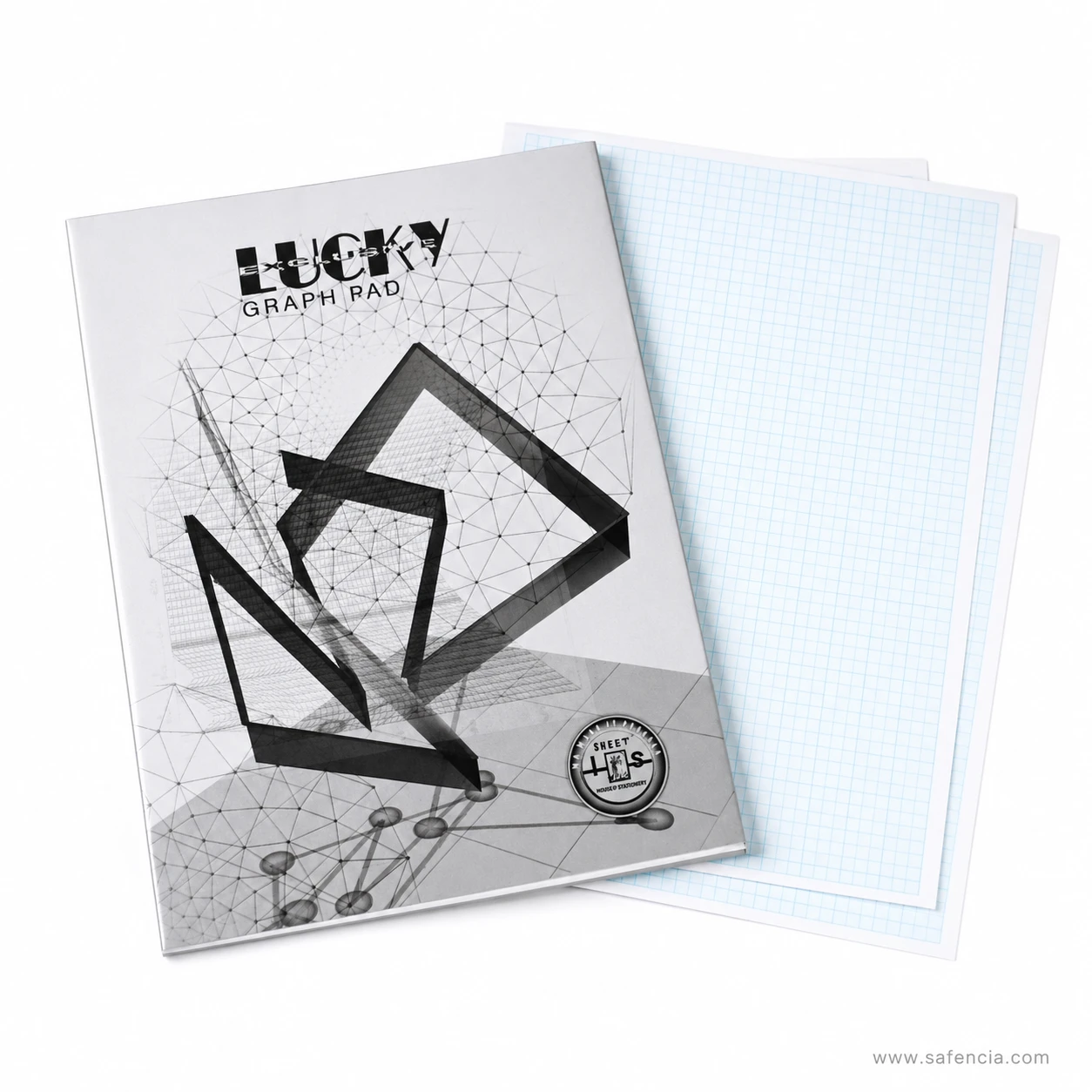 Open sheets of Lucky A4 graph pad displaying blue metric grid lines