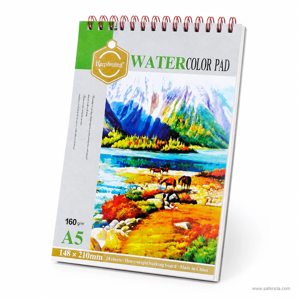 Angled view showing top spiral wire binding on Keep Smiling watercolor pad