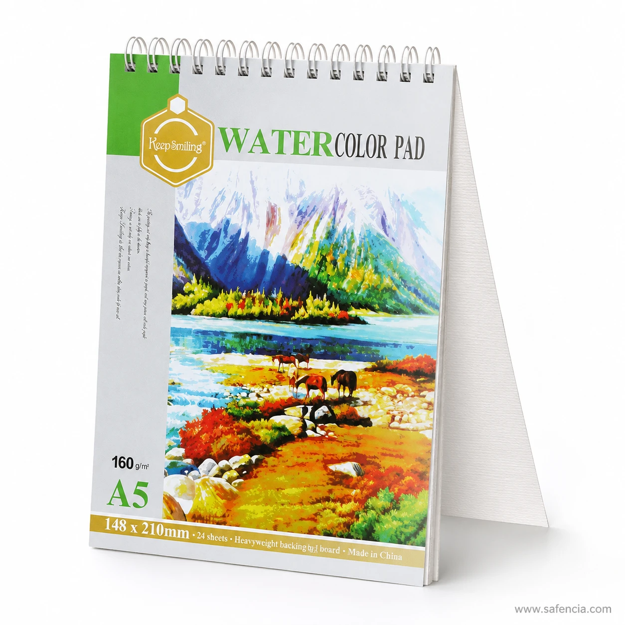 Standing display of Keep Smiling A5 watercolor pad showing cold pressed paper texture
