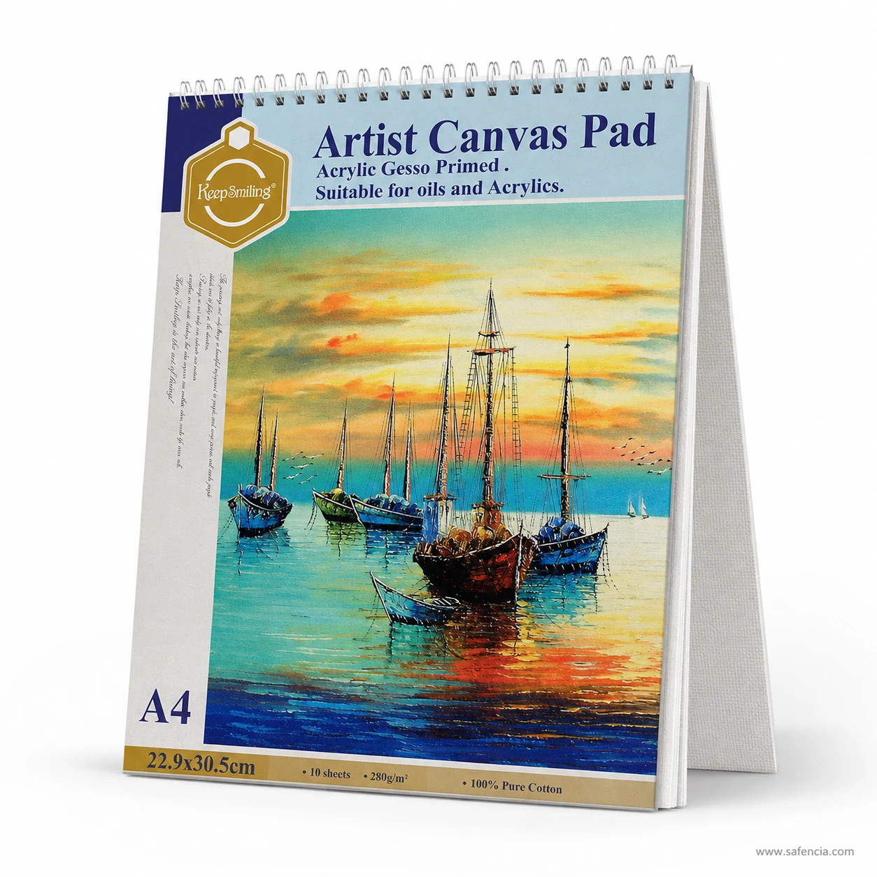 Standing display of Keep Smiling spiral bound artist canvas pad on easel