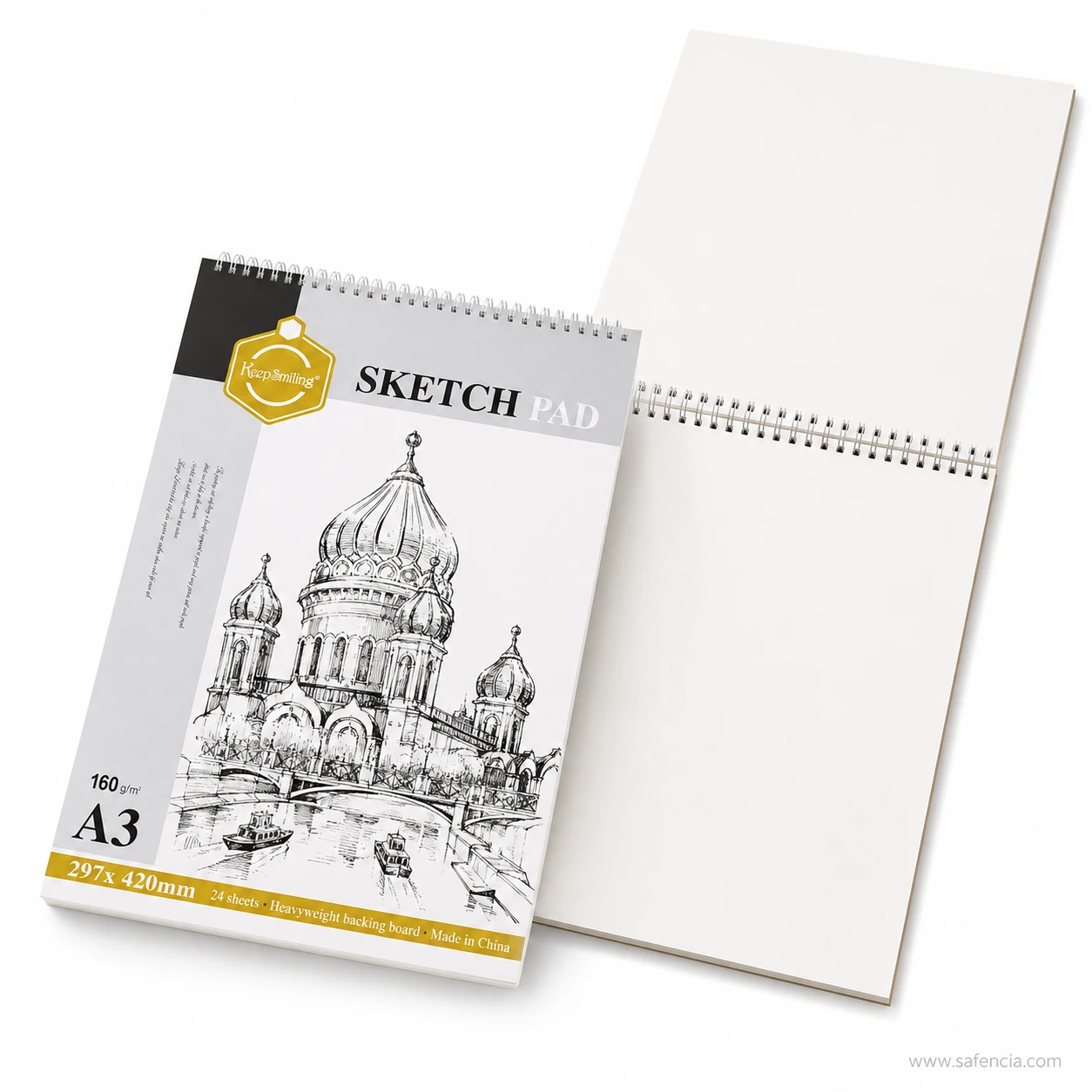 Open sheets display of Keep Smiling sketch pad showing white cartridge drawing paper