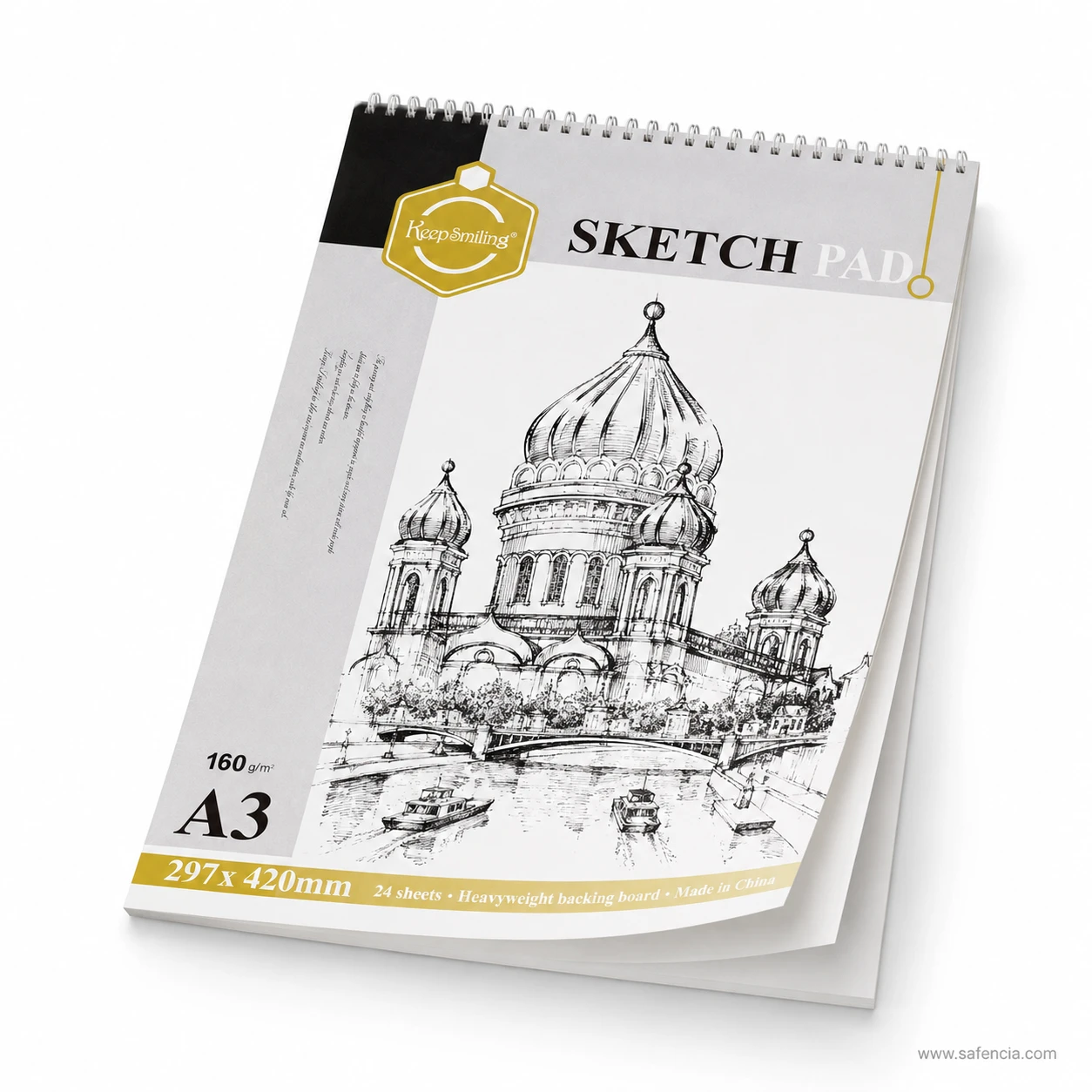 Angled perspective showing top twin-wire spiral on Keep Smiling sketch pad