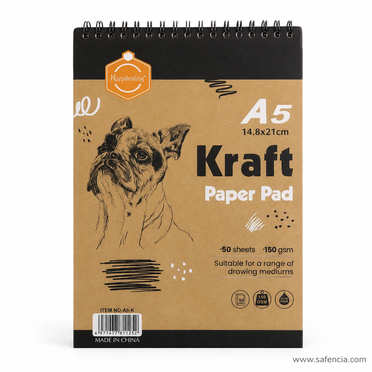 Front cover of Keep Smiling kraft paper pad showing canine sketch