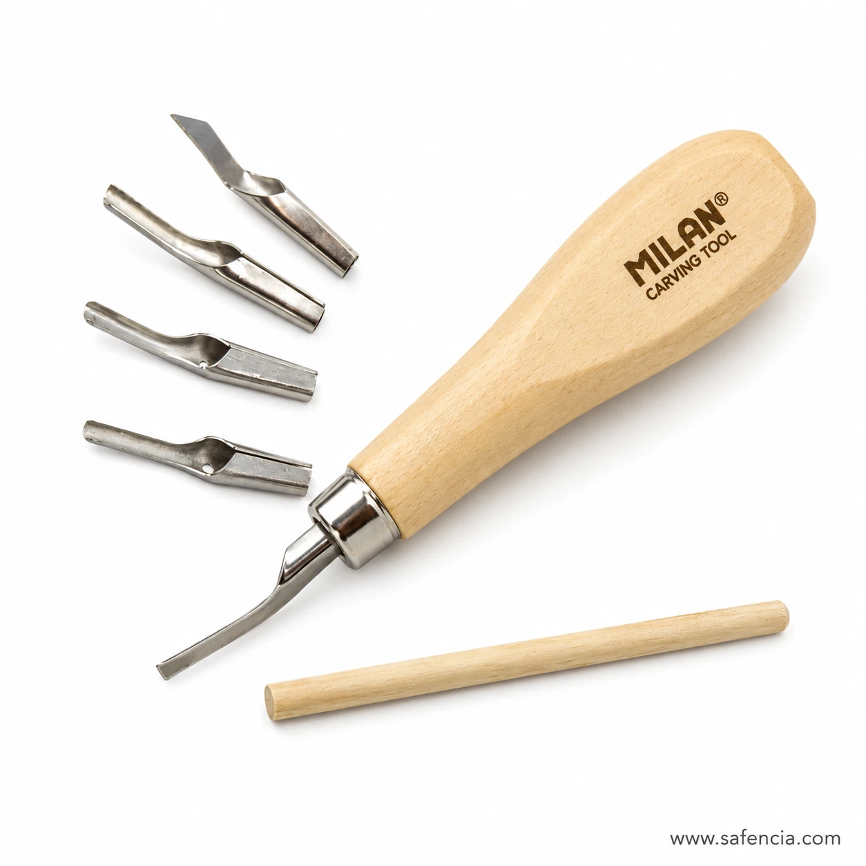 Close-up perspective of MILAN carving tool with fitted steel gouge and ejector dowel