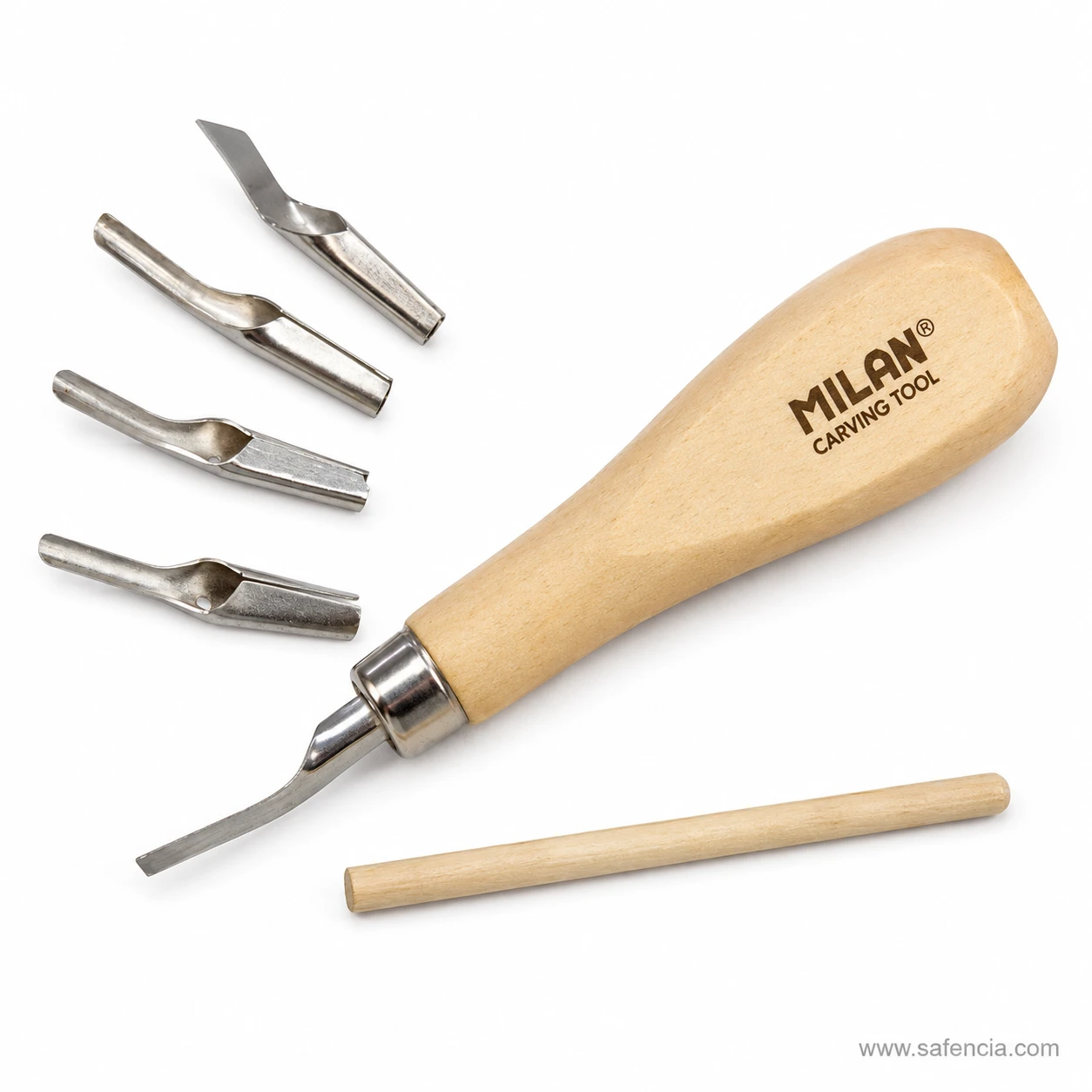Spread display of MILAN lino cutter handle and 5 precision steel blades