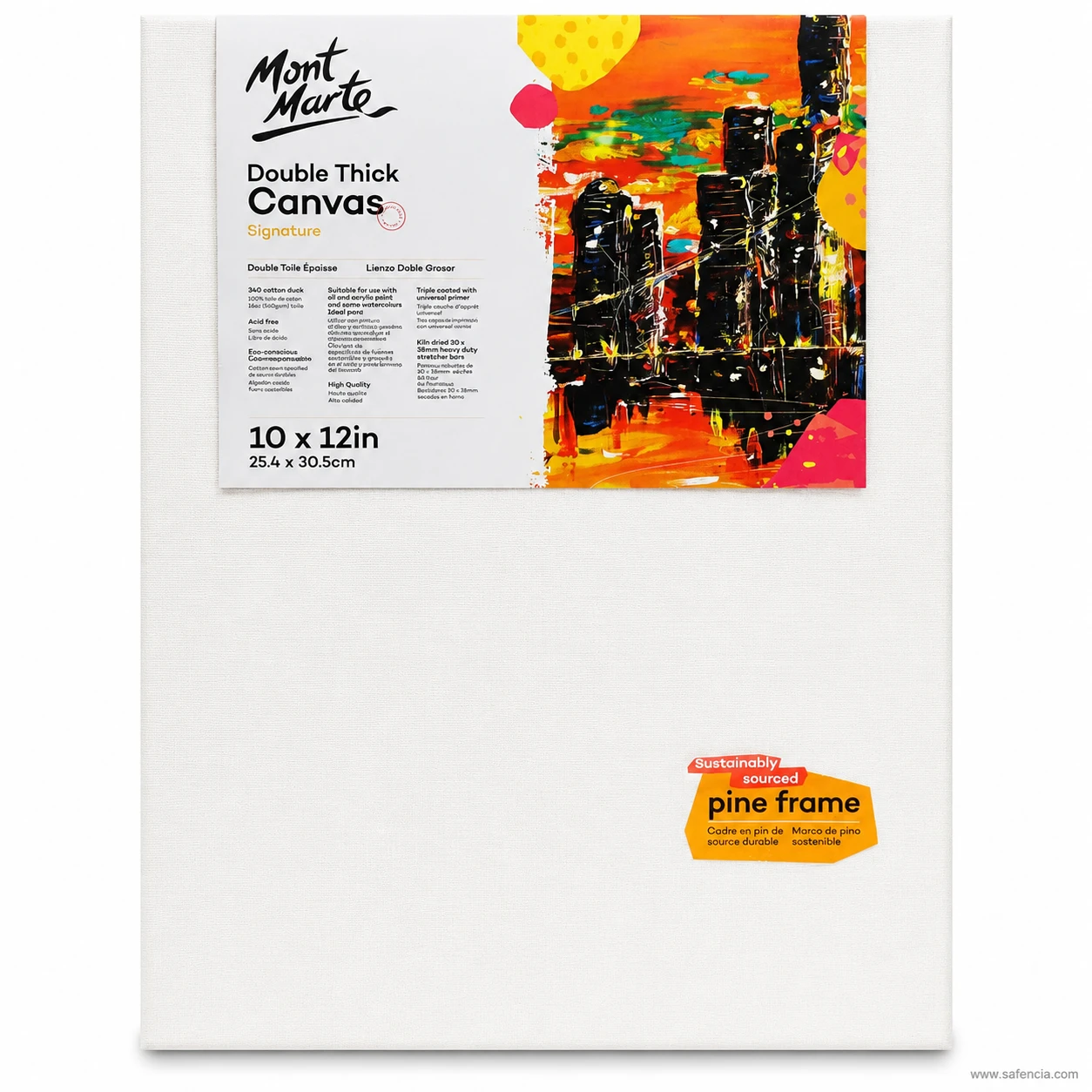 Mont Marte Double Thick Canvas pack labelled 10 x 12 in, showing the white primed face and pine frame