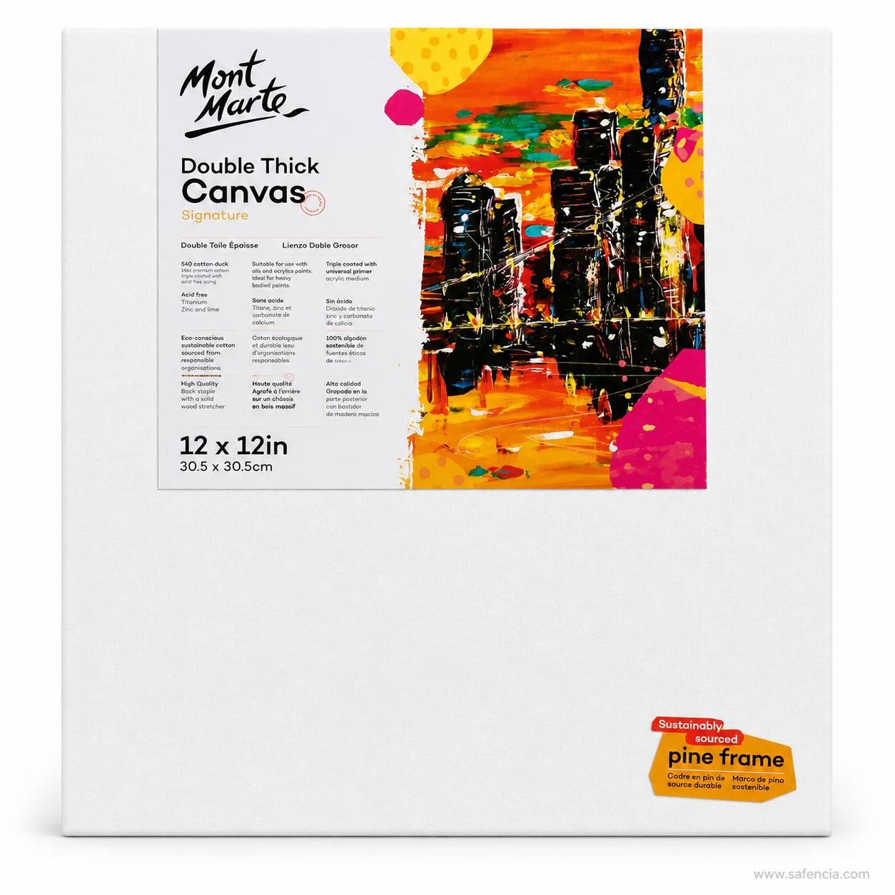 Mont Marte Double Thick Canvas pack labelled 12 x 12 in, showing the white primed face and pine frame