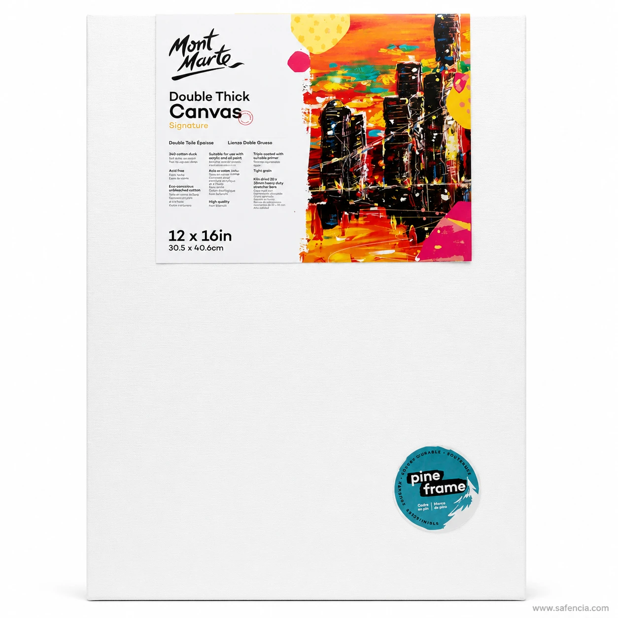 Mont Marte Double Thick Canvas pack labelled 12 x 16 in, showing the white primed face and pine frame
