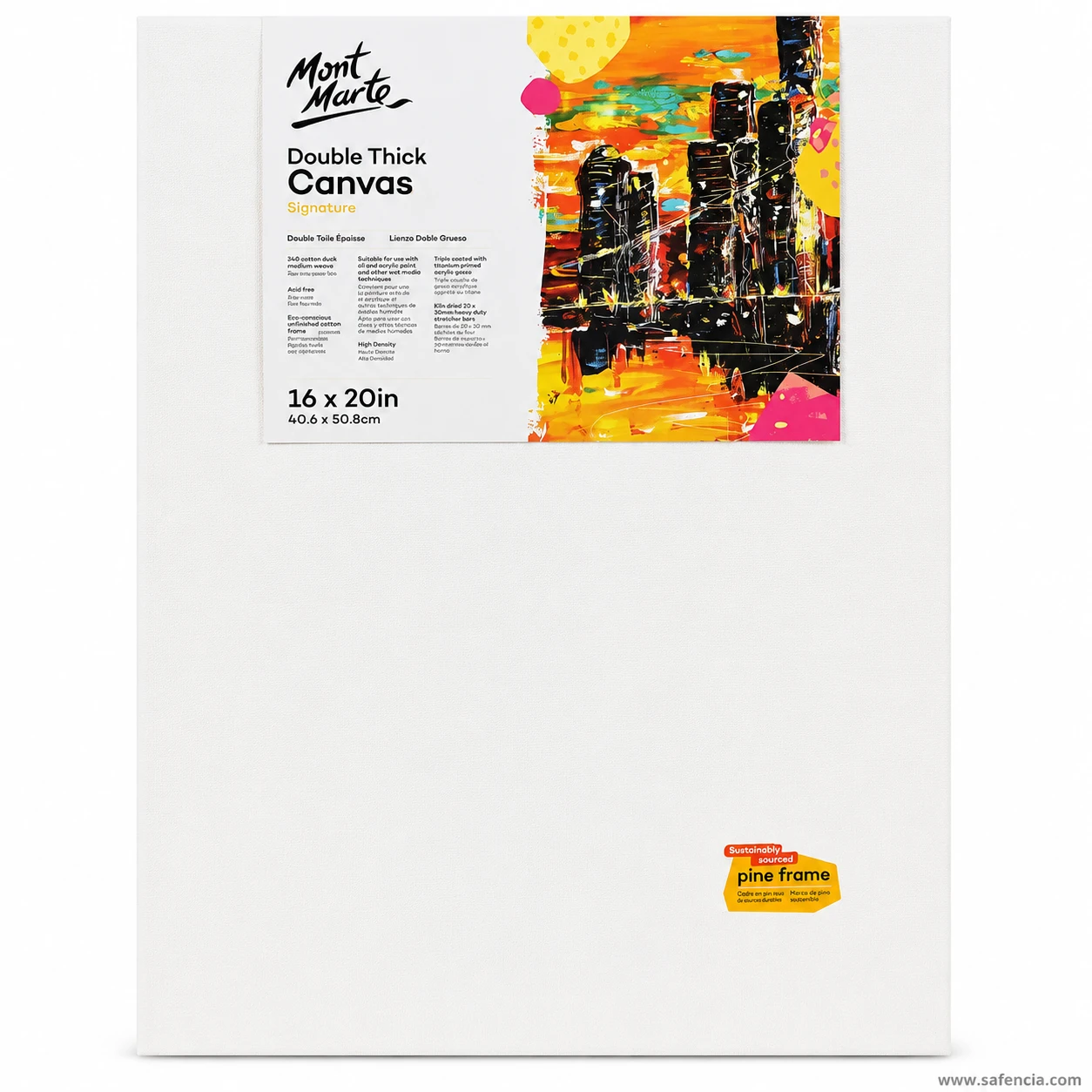 Mont Marte Double Thick Canvas pack labelled 16 x 20 in, showing the white primed face and pine frame