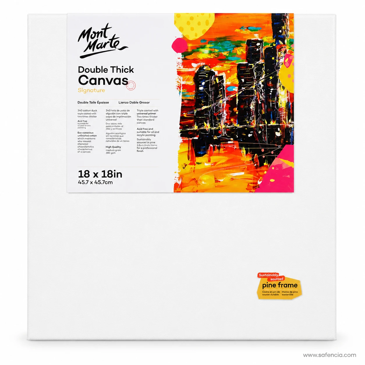 Mont Marte Double Thick Canvas pack labelled 18 x 18 in, showing the white primed face and pine frame