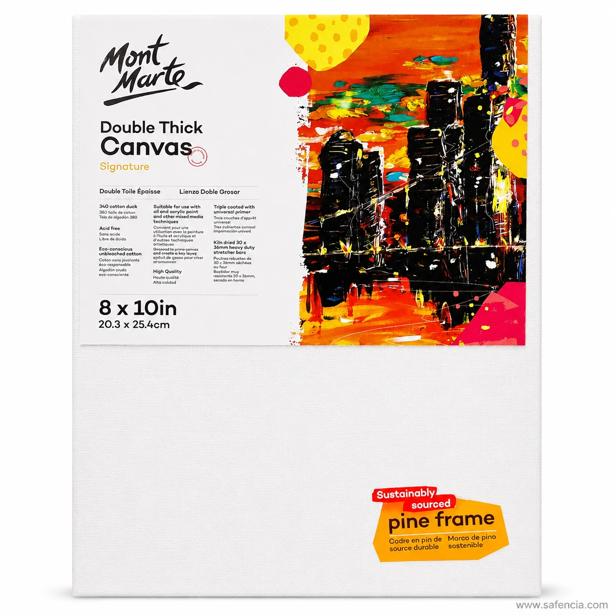 Mont Marte Double Thick Canvas pack labelled 8 x 10 in, showing the white primed face and pine frame