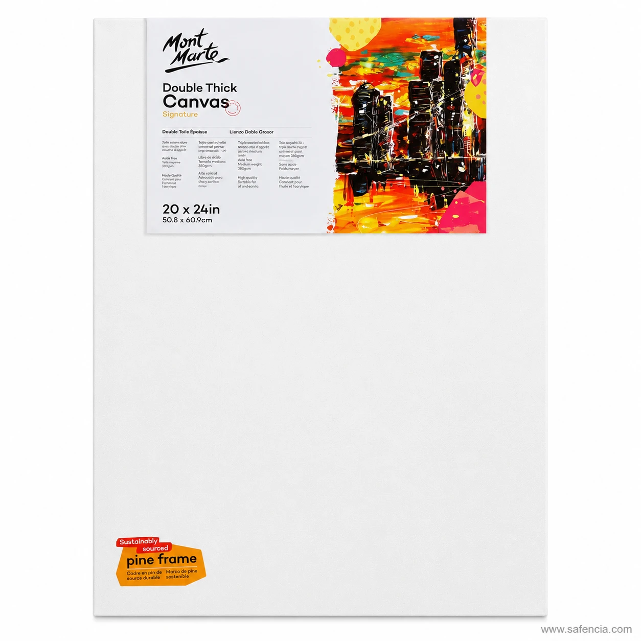 Mont Marte Double Thick Canvas pack labelled 20 x 24 in, showing the white primed face and pine frame