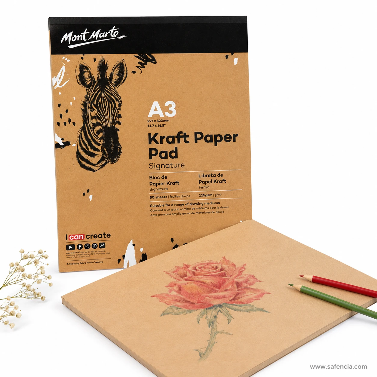Mont Marte Signature large A3 kraft paper pad with colored pencil rose artwork