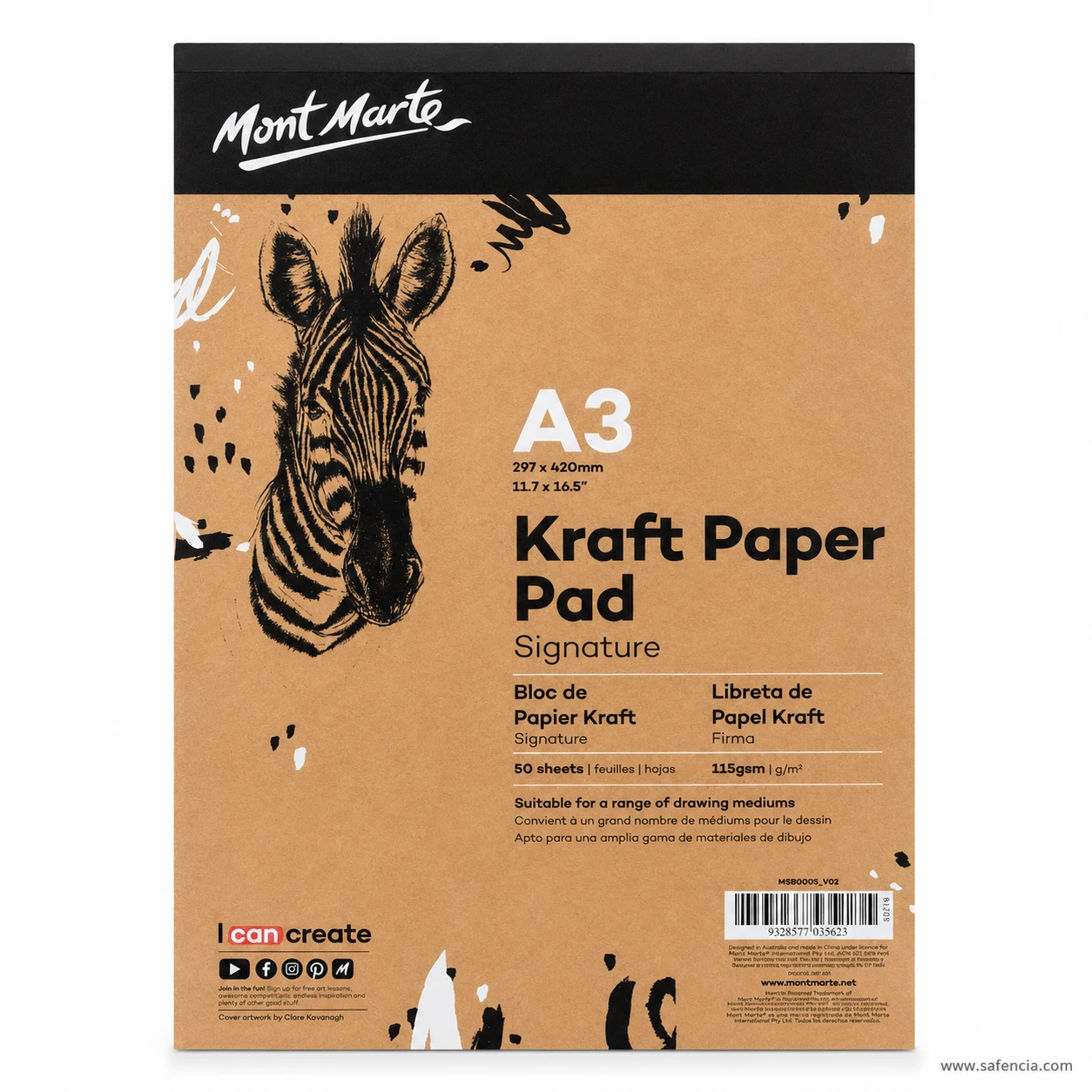 Angled product view of Mont Marte kraft paper pad showing 50 sheet thickness