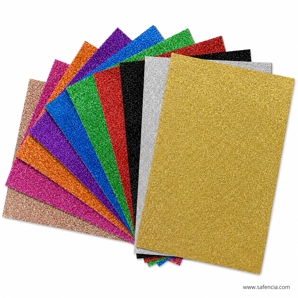 Gold glitter EVA foam sheet A3 with multicolor fan display