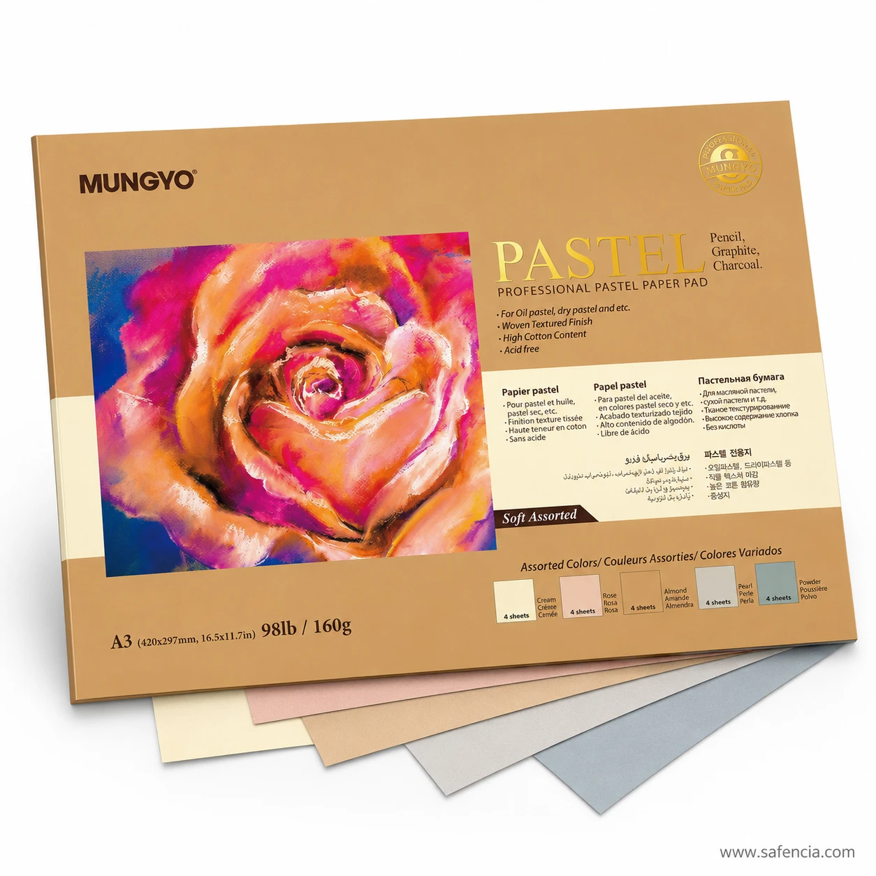 5 soft assorted sheet colors Cream Rose Almond Pearl and Powder in Mungyo pad