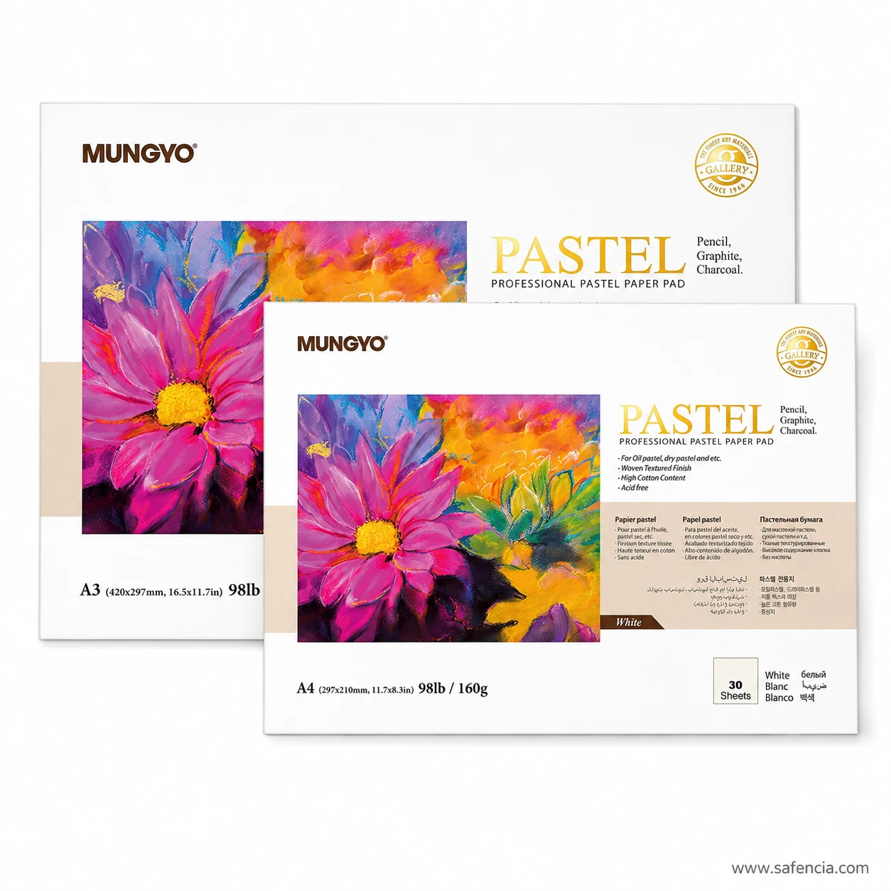 Stack display showing 30 sheet thickness of Mungyo white pastel pad