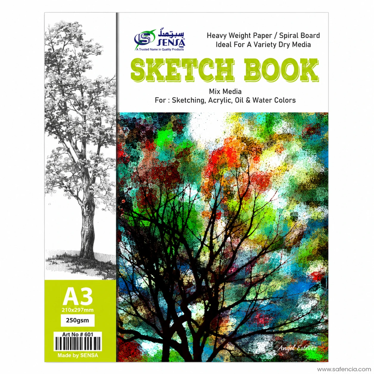 Cover detail of Sensa mixed media sketchbook showing Angel Estevez tree art