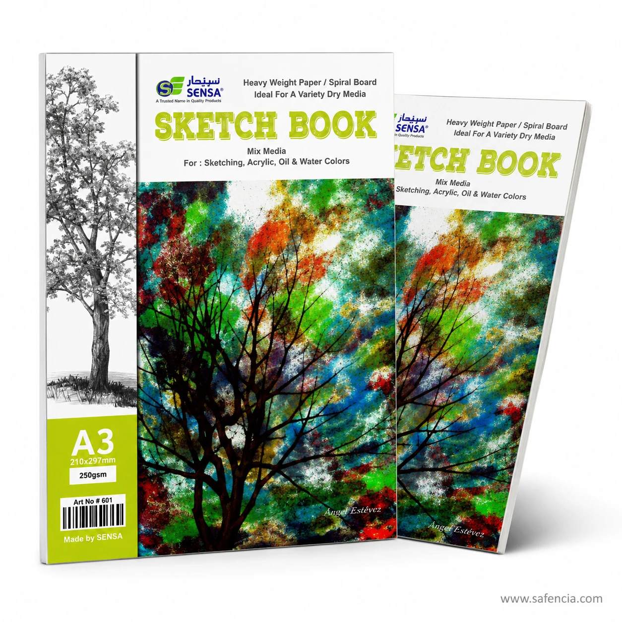 Pair display of Sensa A3 250gsm spiral sketchbooks showing tree artwork