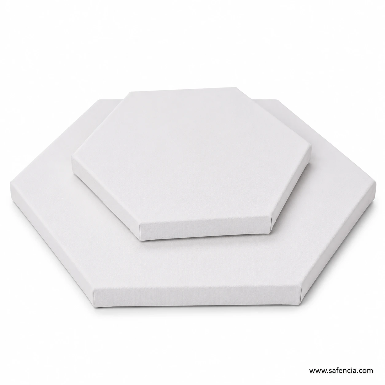 Tiered arrangement of hexagonal cotton artist canvas panels