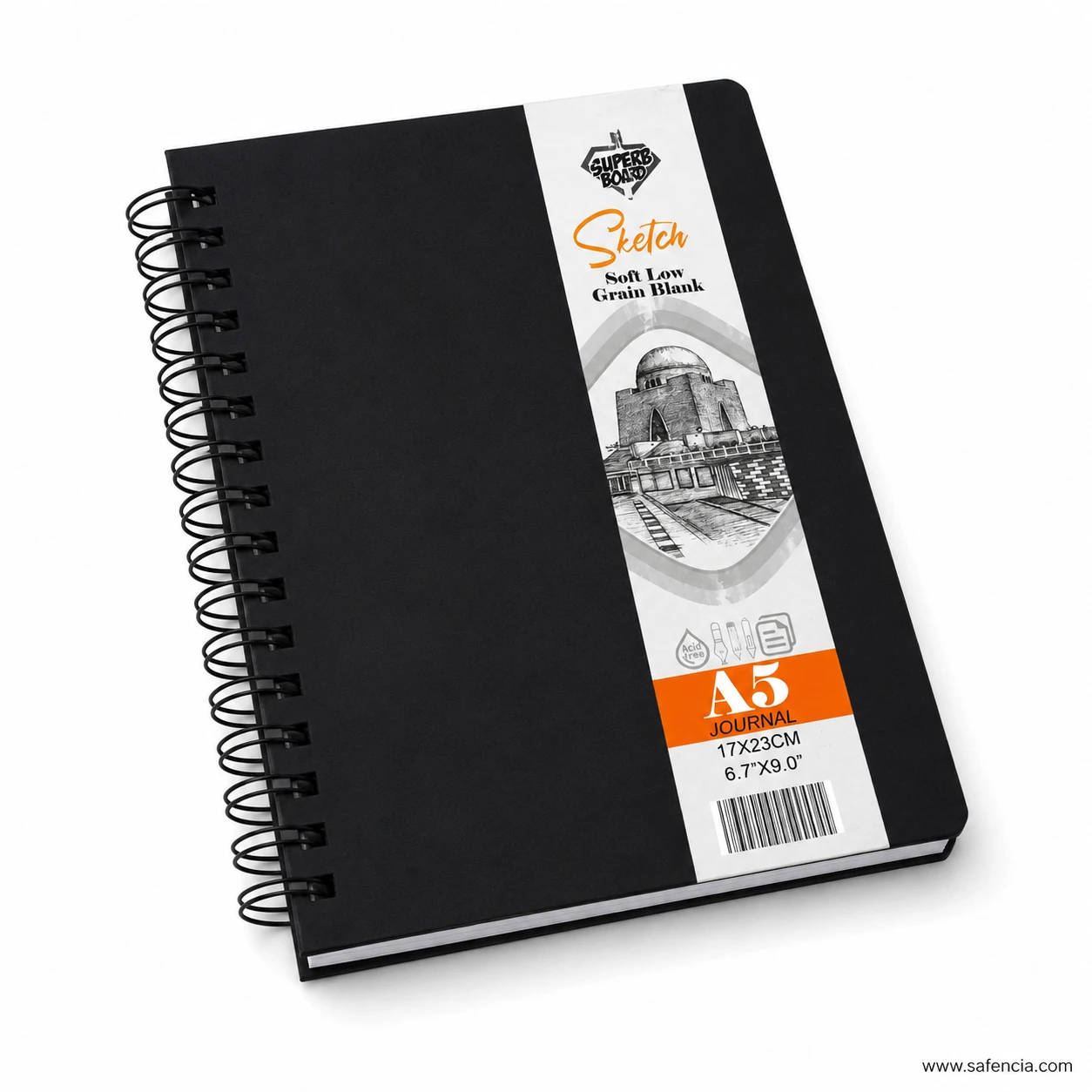 Angled studio view of Superb Board A5 hardcover spiral journal