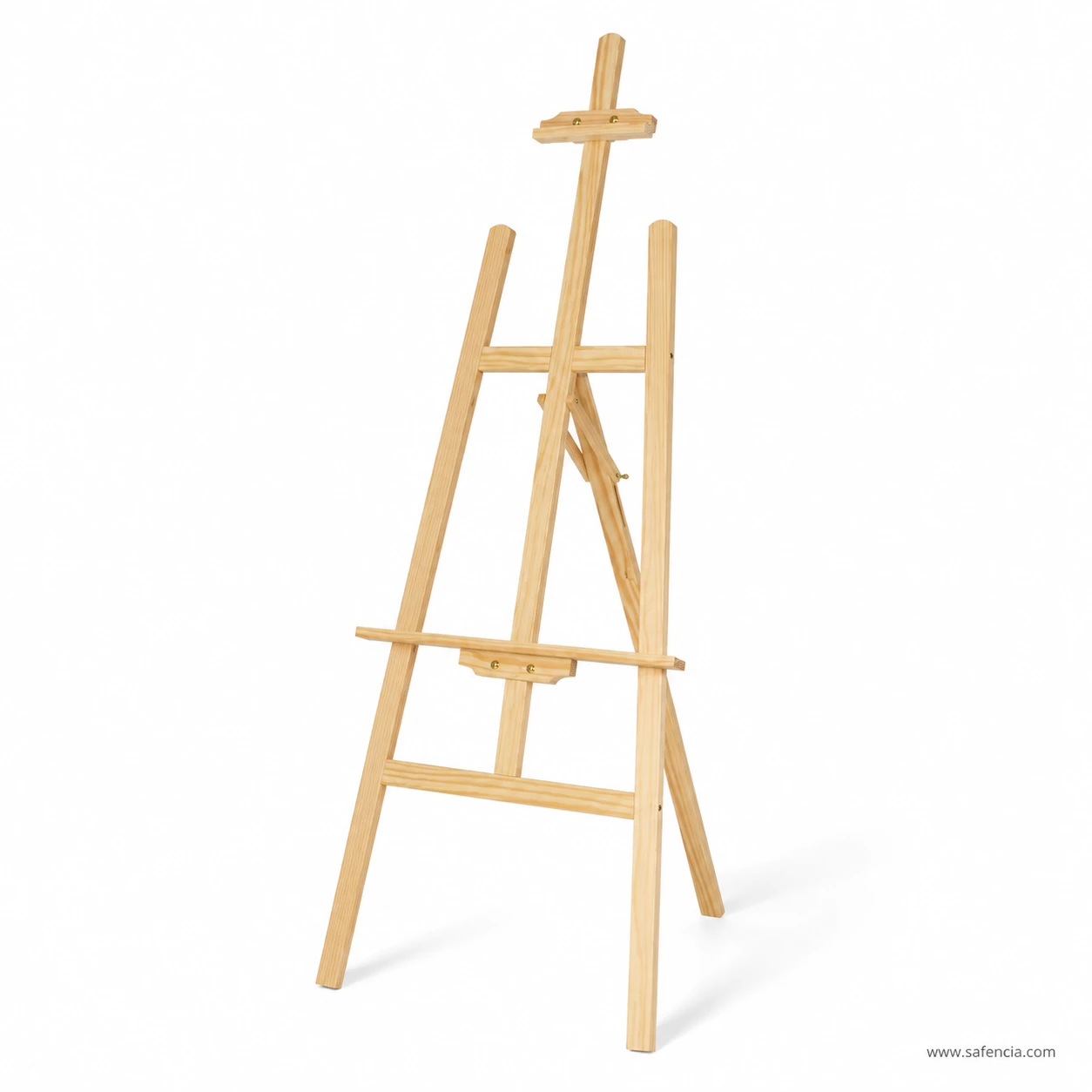 Studio angled view of wooden easel canvas stand