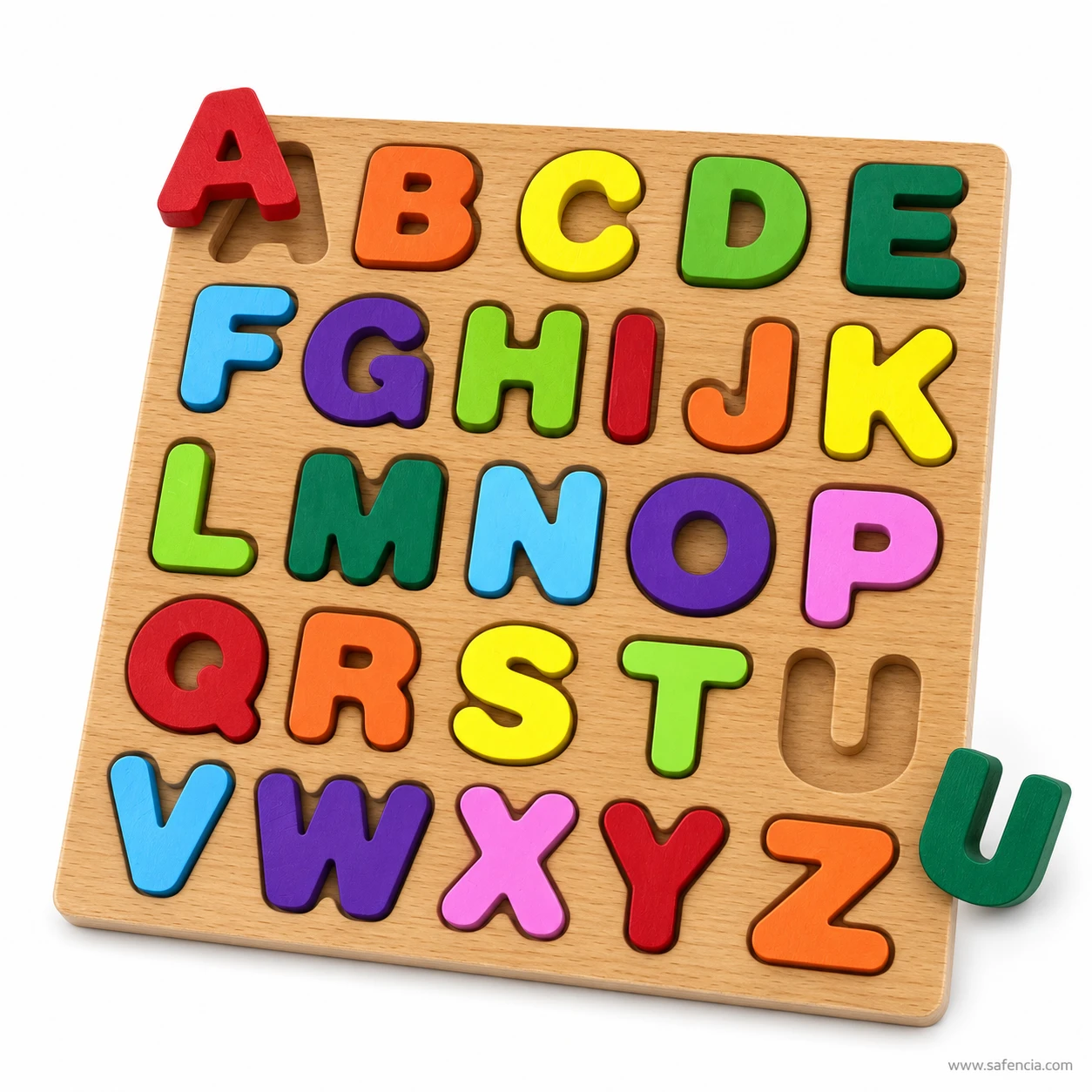 Close view of chunky capital letter pieces on the brown plate ABC board with the U beside its recess