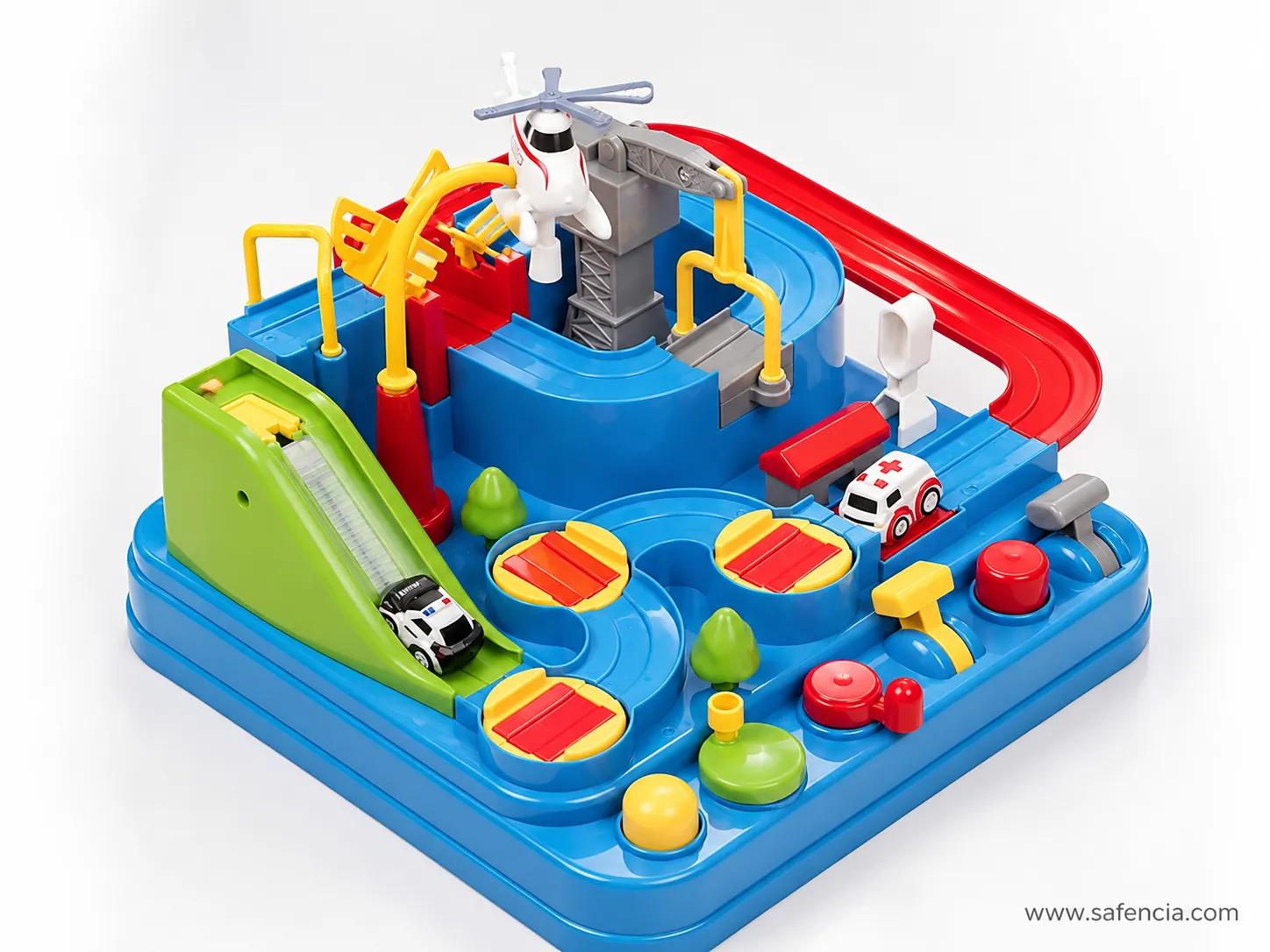 Car Adventure Toy City Rescue track set angled view with buttons and rescue vehicles