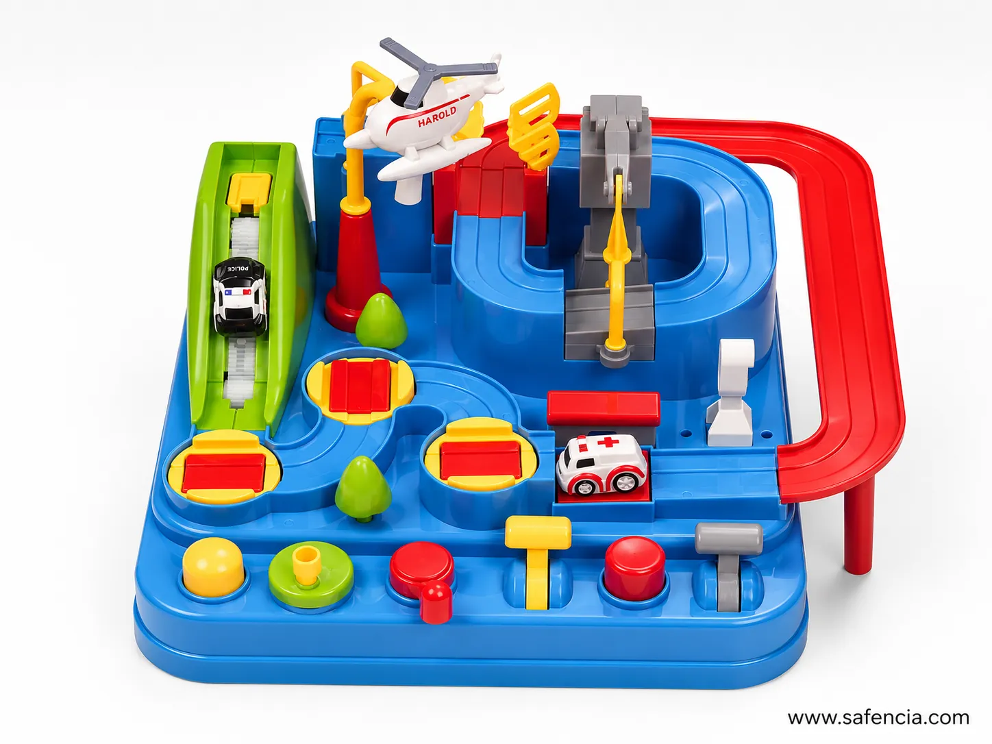 Car Adventure Toy City Rescue vehicle track front view with police car and ambulance car