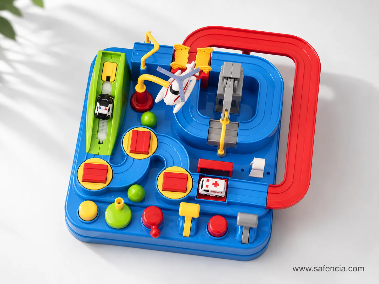 Top view of Car Adventure Toy City Rescue track layout with ramps and obstacles