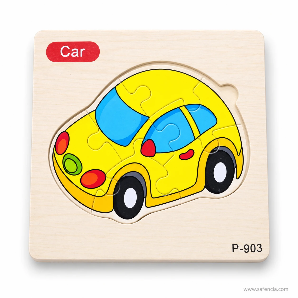 Car jigsaw puzzle P-903 showing the round finger notch cut into the frame behind the car