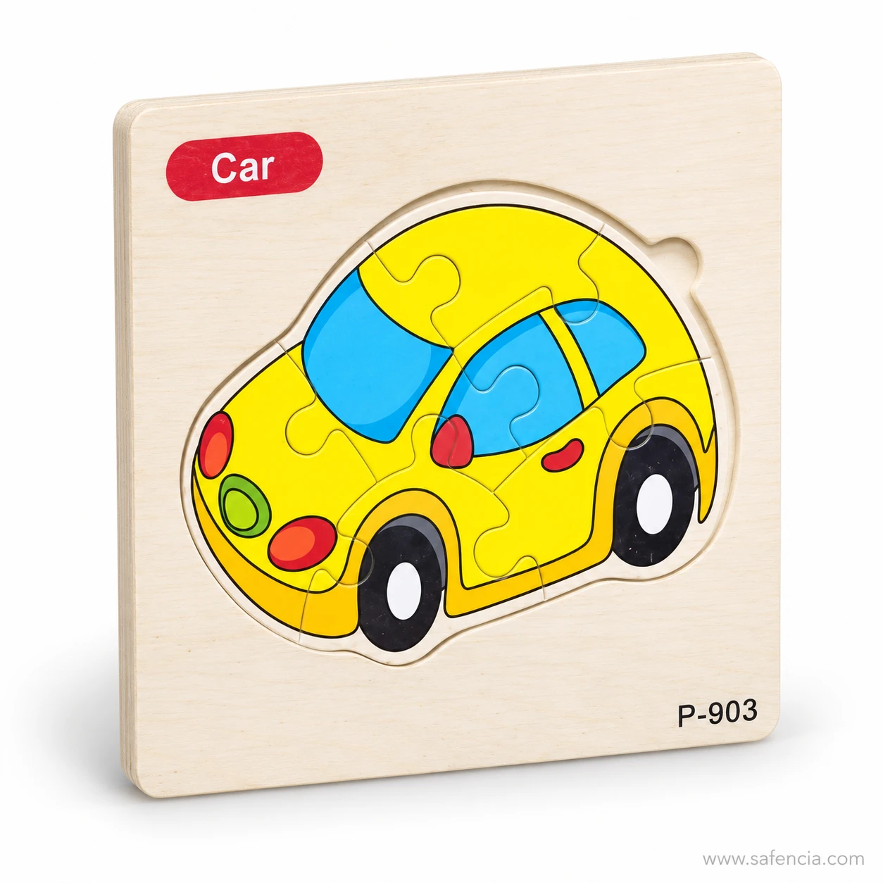 Angled view of the car wooden jigsaw puzzle board standing upright to show its thickness
