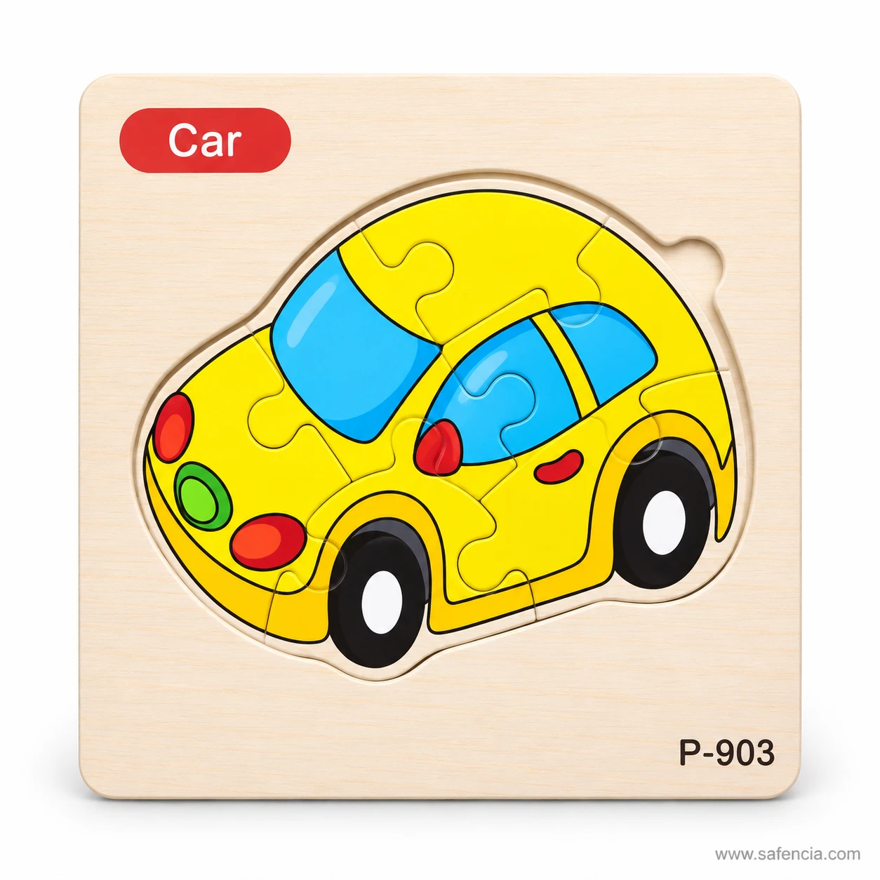 Front view of the yellow car wooden jigsaw board showing interlocking piece lines across the picture