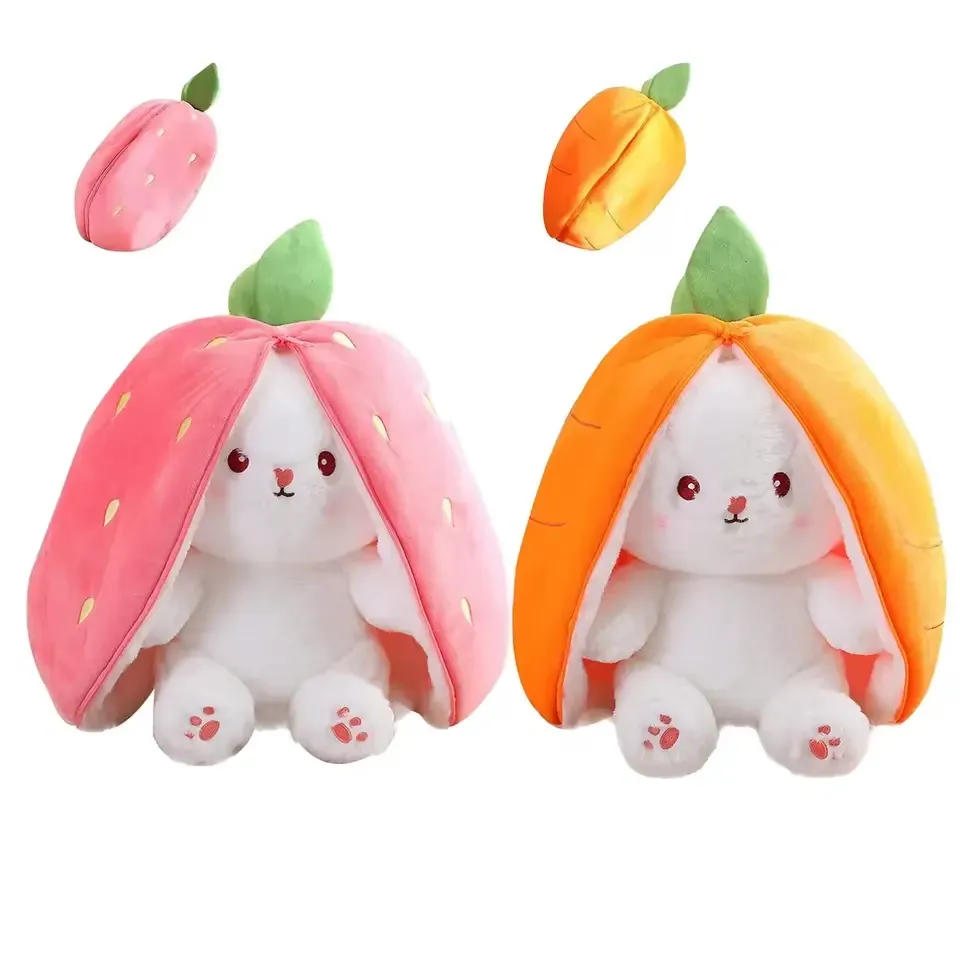 Carrot Bunny Plush shown beside pink fruit hood bunny for design comparison