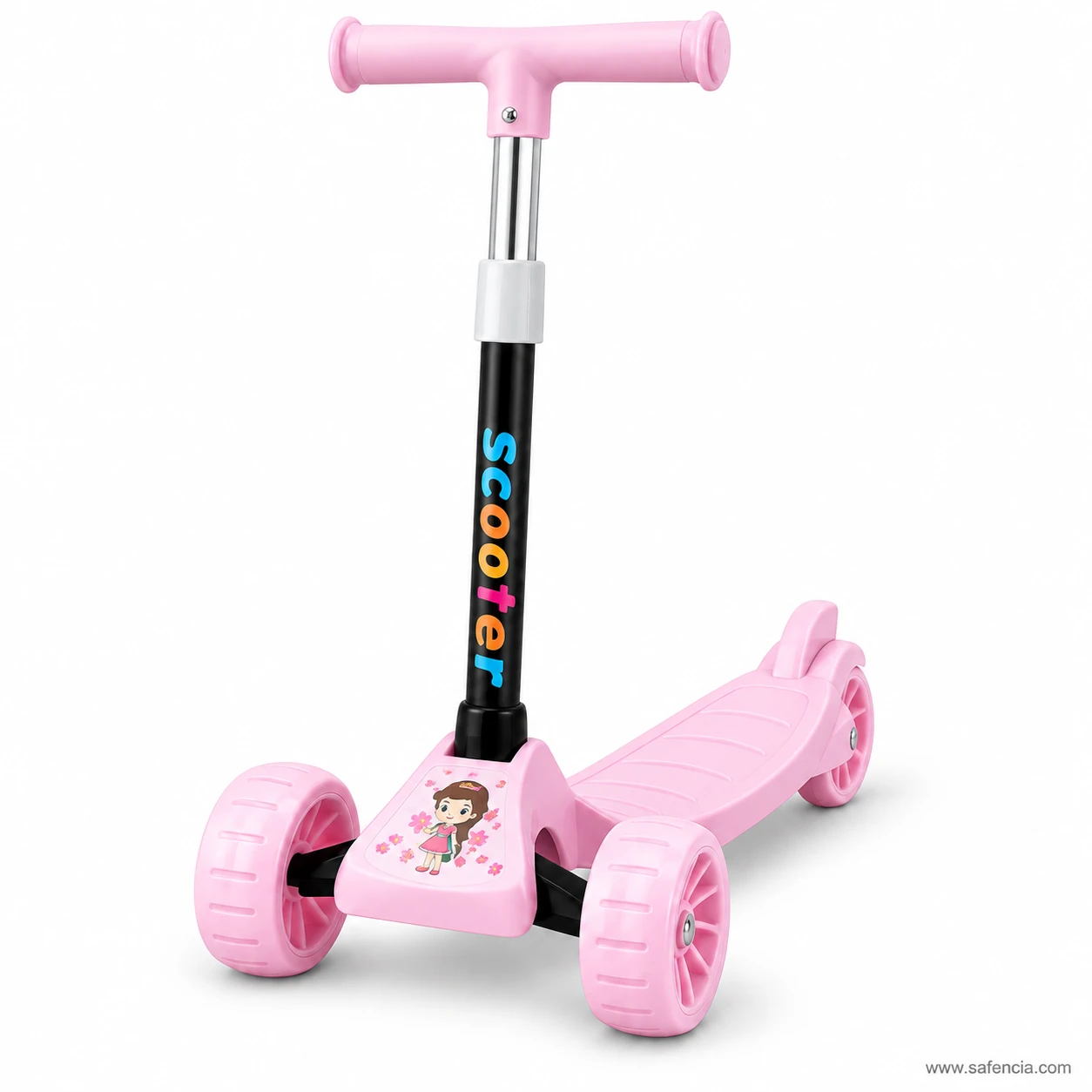 Baby pink cartoon kids scooty at an angle showing the wide flat handlebar and pink wheels