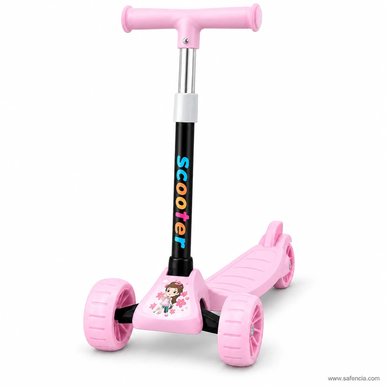 Baby pink cartoon kids scooty from the front with rainbow Scooter letters and a cartoon girl sticker