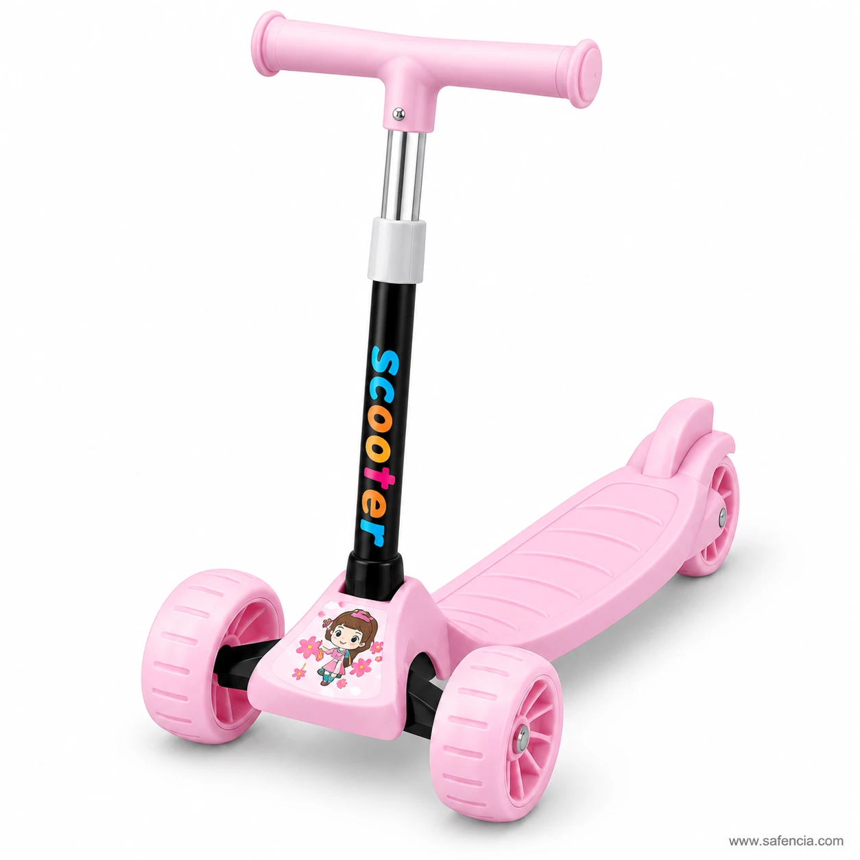 Baby pink cartoon kids scooty with a smiling cartoon girl sticker and rainbow letters